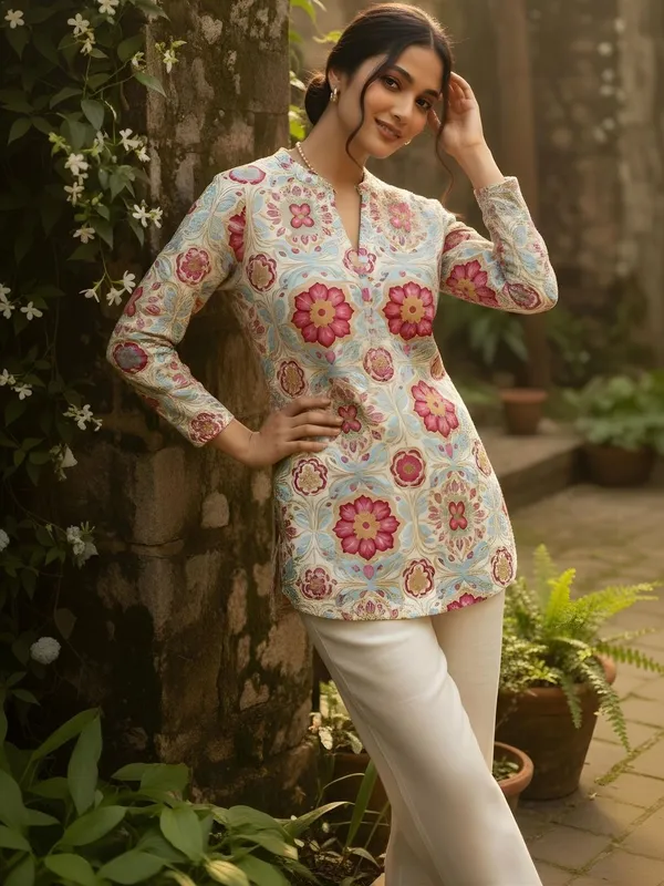 Cream-Pink_Cotton_Floral_Printed_Kurti
