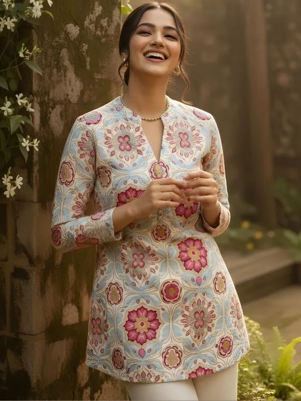 Cream-Pink_Cotton_Floral_Printed_Kurti