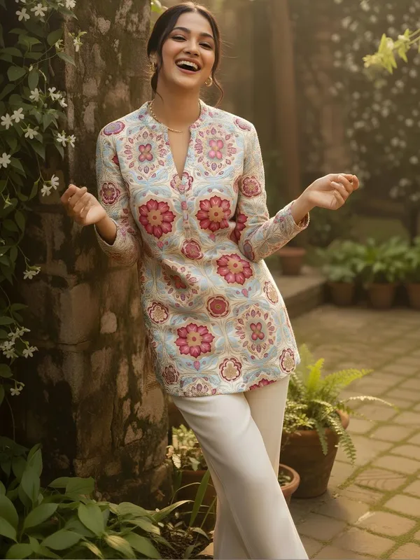 Cream-Pink_Cotton_Floral_Printed_Kurti