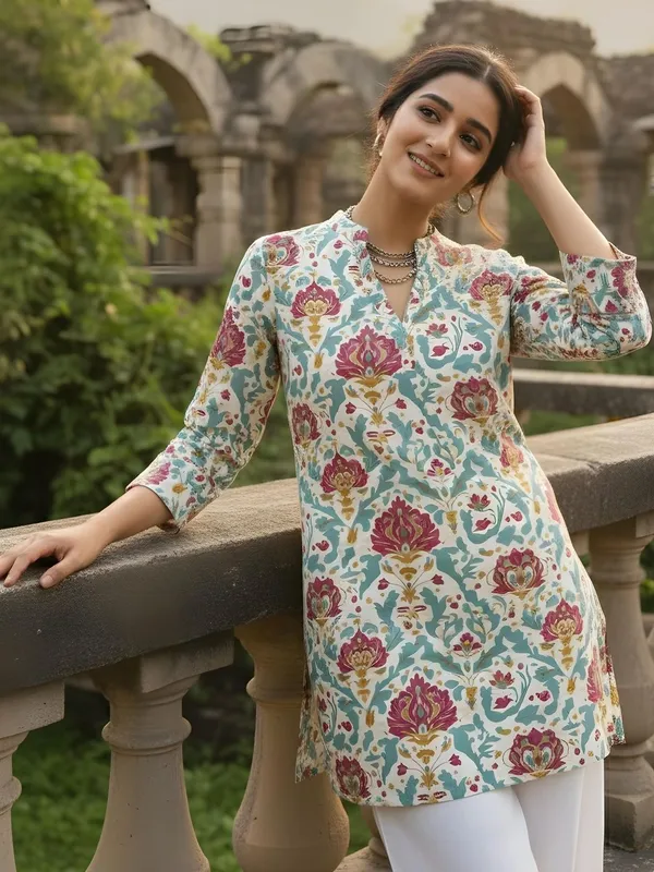 Cream_And_Sea_green_Cotton_Abstract_Printed_Kurti
