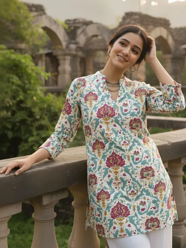 Cream_And_Sea_green_Cotton_Abstract_Printed_Kurti