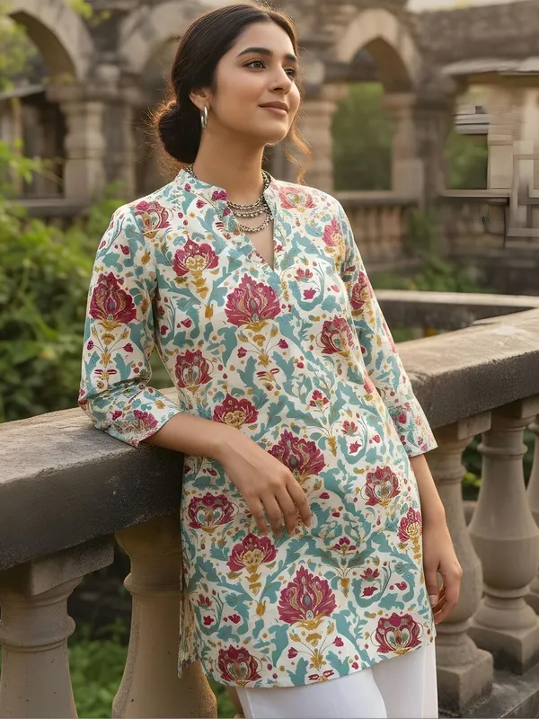 Cream_And_Sea_green_Cotton_Abstract_Printed_Kurti