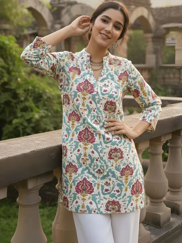 Cream_And_Sea_green_Cotton_Abstract_Printed_Kurti