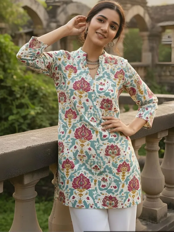 Cream_And_Sea_green_Cotton_Abstract_Printed_Kurti