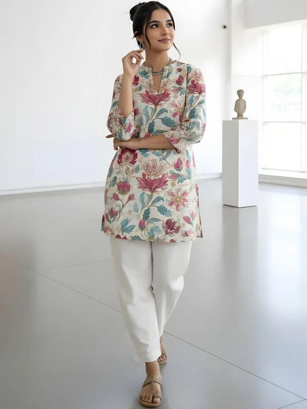Cream_Cotton_Floral_Printed_Kurti