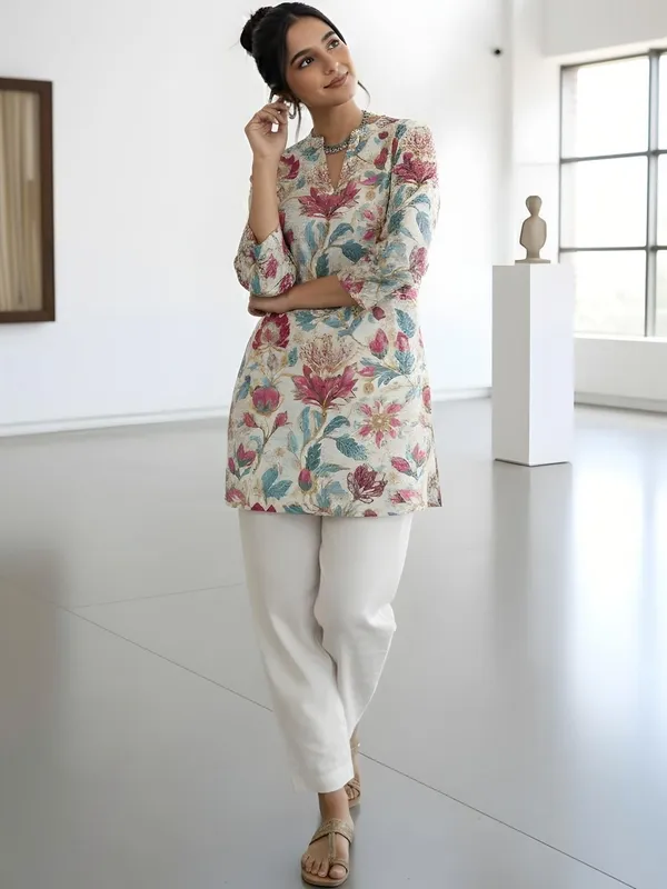 Cream_Cotton_Floral_Printed_Kurti