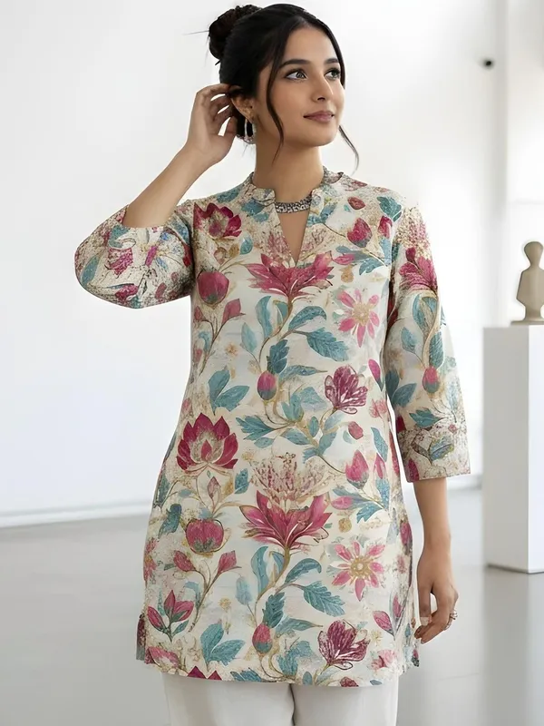 Cream_Cotton_Floral_Printed_Kurti