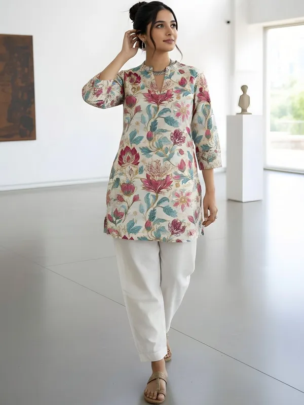 Cream_Cotton_Floral_Printed_Kurti
