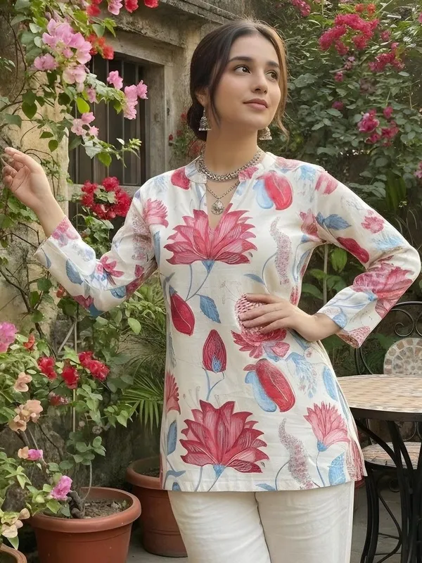 Cream_Cotton_Lotus_Printed_Kurti