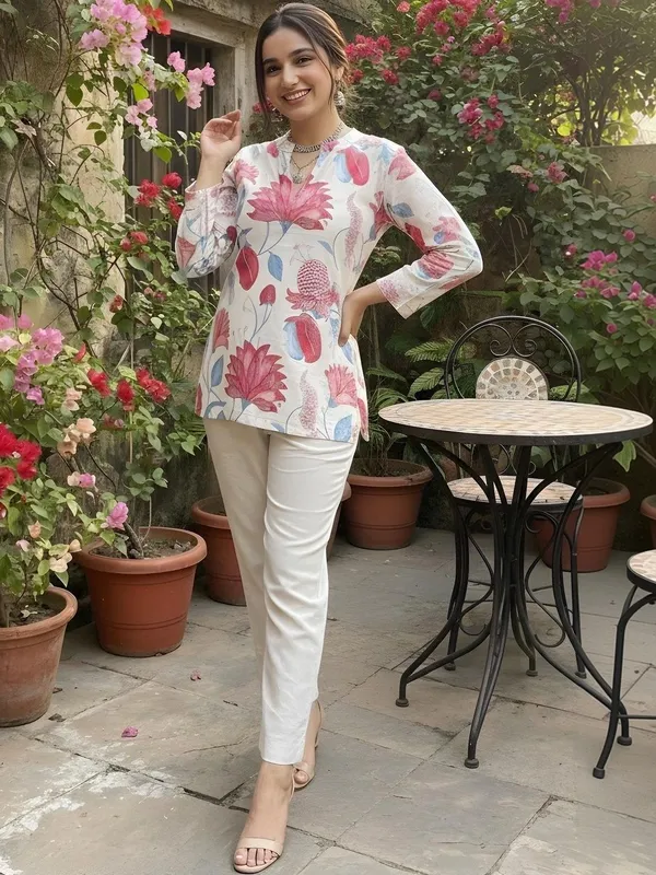 Cream_Cotton_Lotus_Printed_Kurti