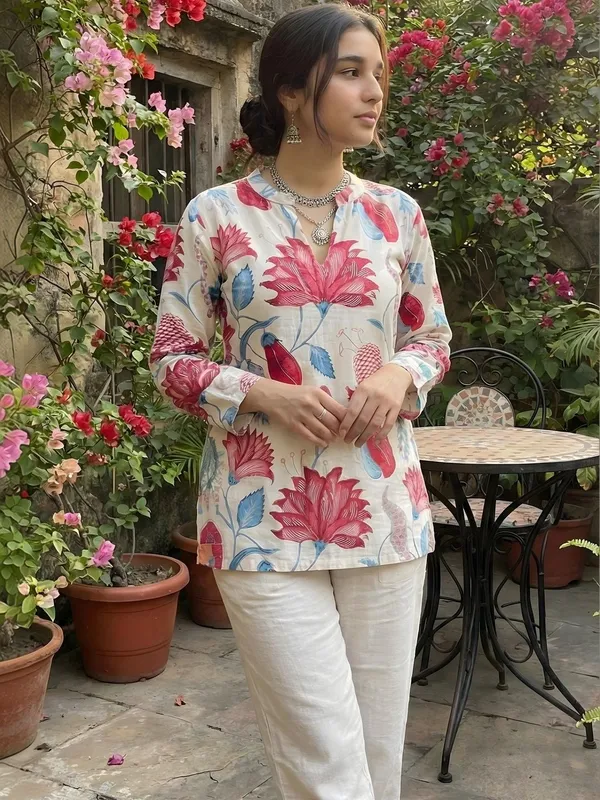 Cream_Cotton_Lotus_Printed_Kurti
