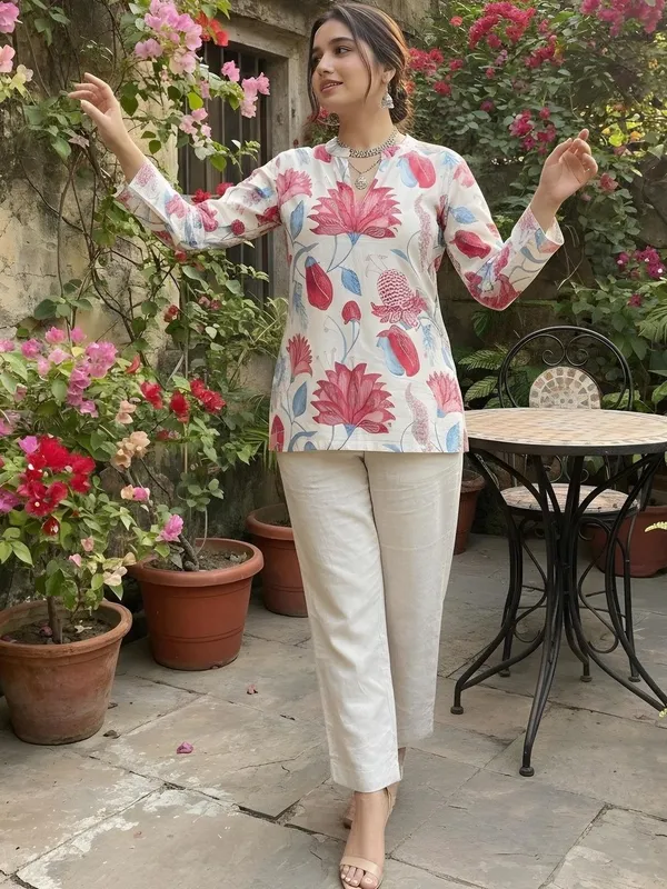 Cream_Cotton_Lotus_Printed_Kurti