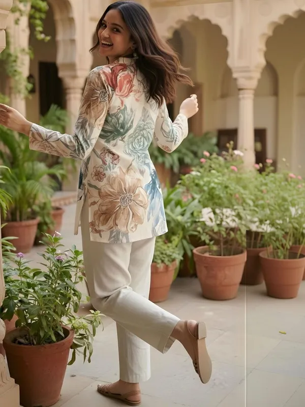 Cream_And_Multi_Cotton_Big_Flower_Printed_Kurti