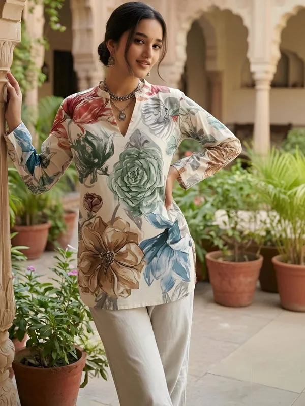 Cream_And_Multi_Cotton_Big_Flower_Printed_Kurti