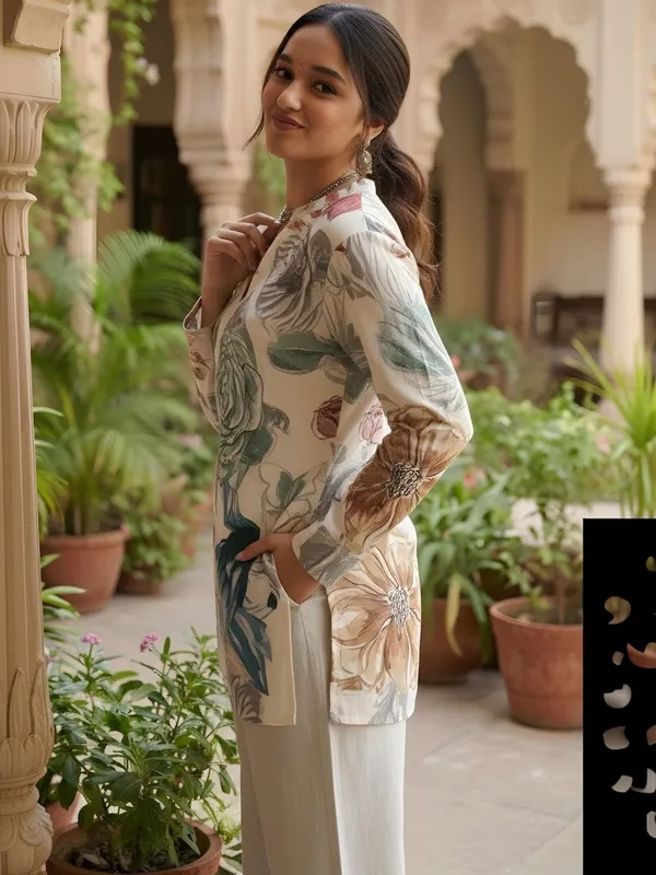 Cream_And_Multi_Cotton_Big_Flower_Printed_Kurti