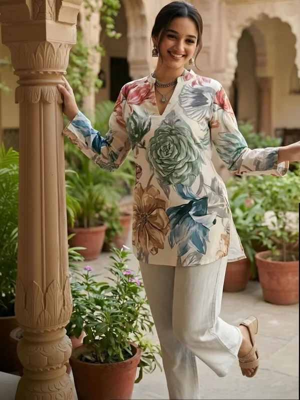 Cream_And_Multi_Cotton_Big_Flower_Printed_Kurti