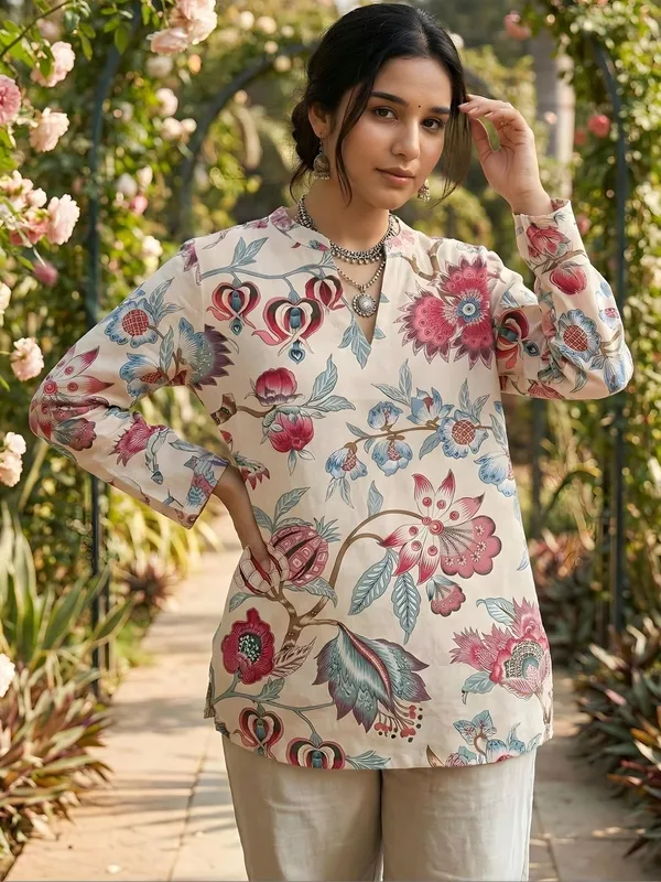 Cream_Cotton_Floral_Printed_Kurti