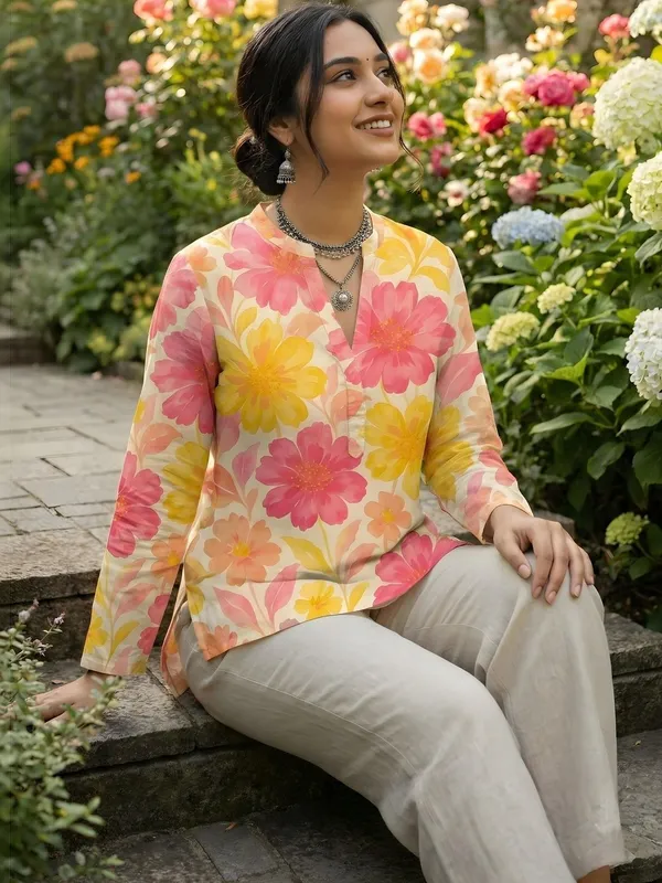 Pink_And__Yellow_Cotton_Big_Flower_Printed_Kurti