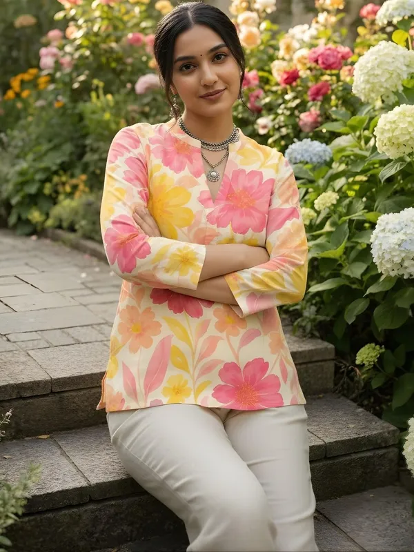 Pink_And__Yellow_Cotton_Big_Flower_Printed_Kurti