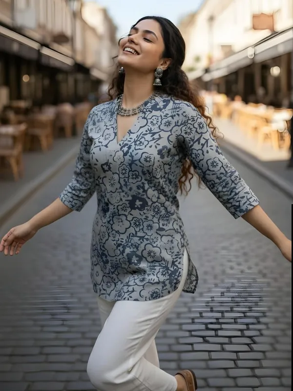 Grey_And_blue_Cotton_Floral_Printed_Kurti