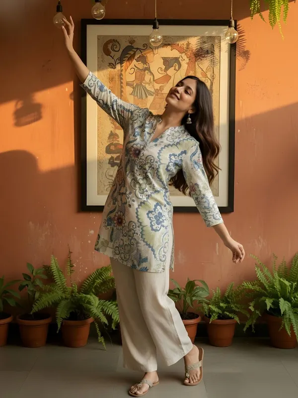 Blue_And_Yellow_Cotton_Floral_Printed_Kurti
