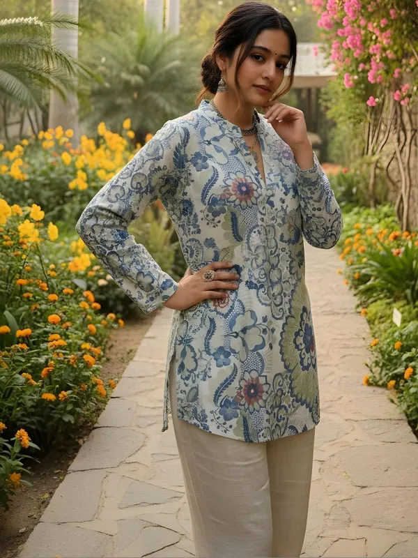 Cream_And_Blue_Cotton_Floral_Printed_Kurti