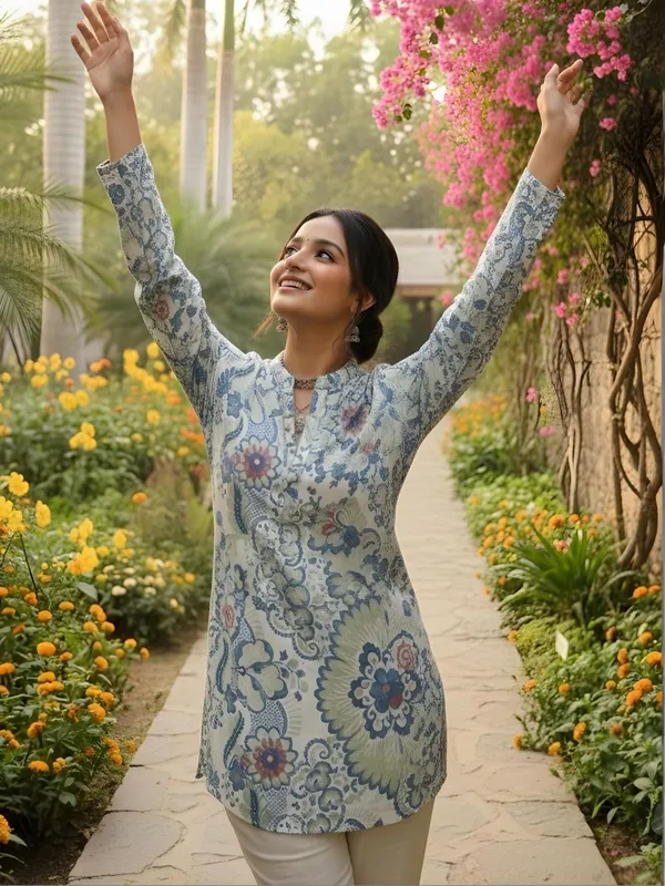 Cream_And_Blue_Cotton_Floral_Printed_Kurti