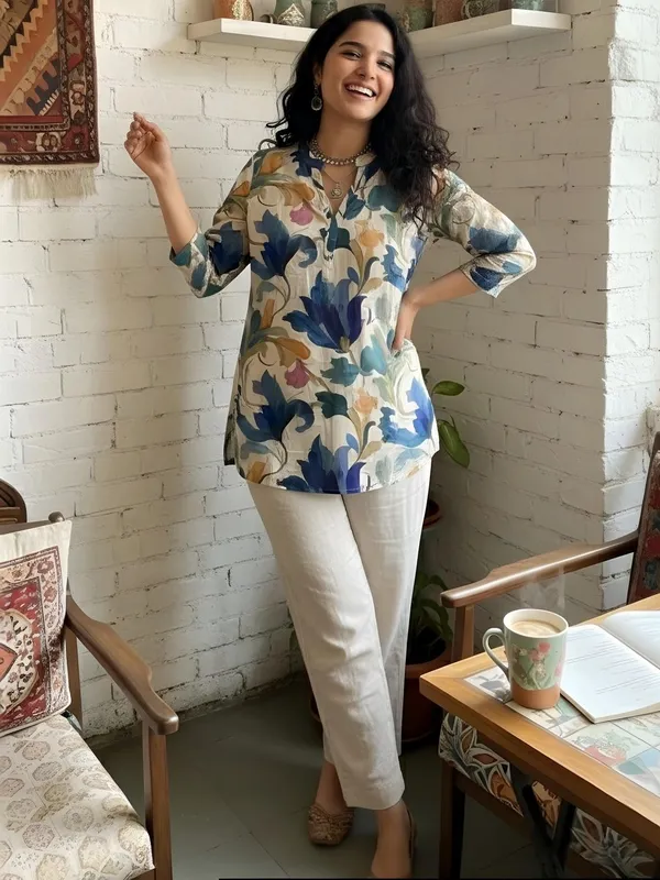 Cream_And_Blue_Cotton_Leaf_Printed_Kurti