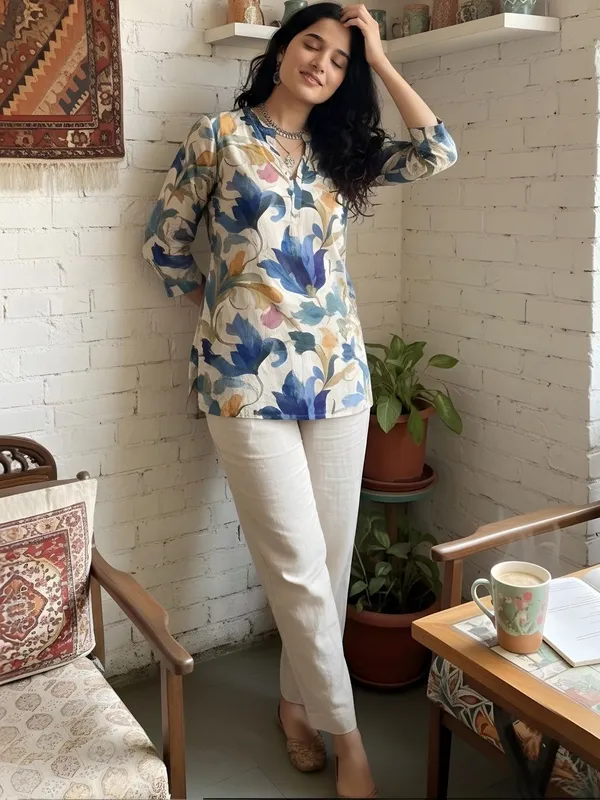 Cream_And_Blue_Cotton_Leaf_Printed_Kurti