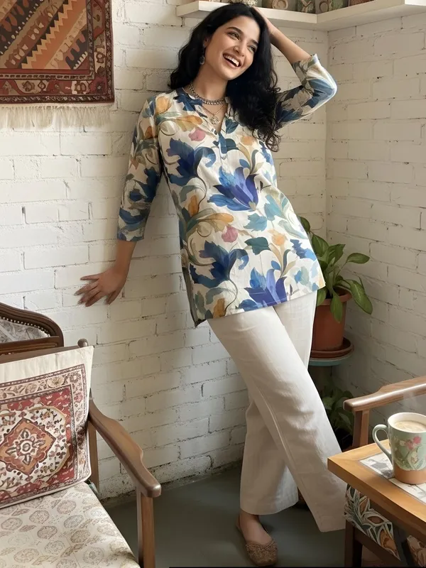Cream_And_Blue_Cotton_Leaf_Printed_Kurti