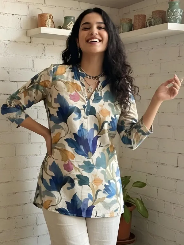 Cream_And_Blue_Cotton_Leaf_Printed_Kurti