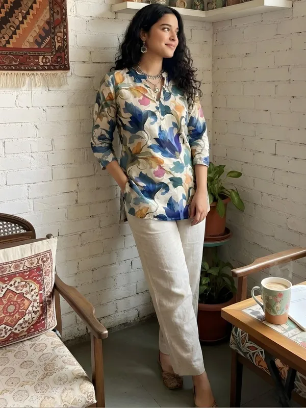Cream_And_Blue_Cotton_Leaf_Printed_Kurti