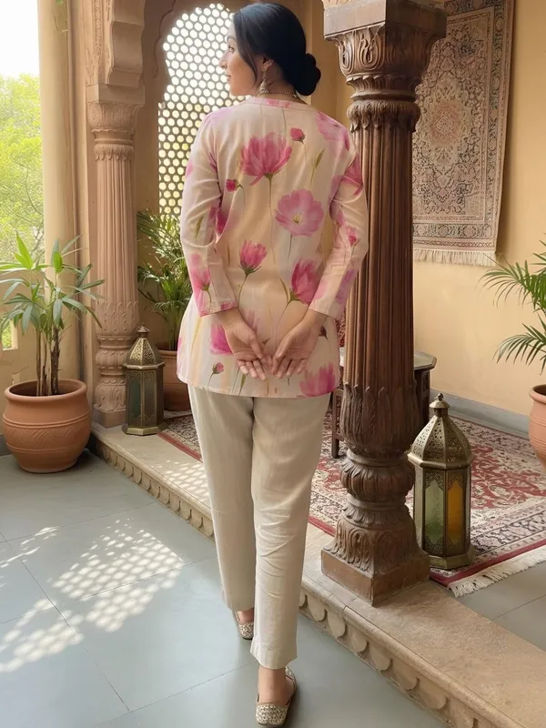 Peach_Cotton_Floral_Printed_Kurti