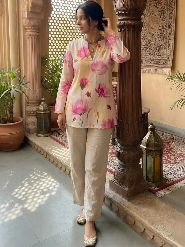 Peach_Cotton_Floral_Printed_Kurti
