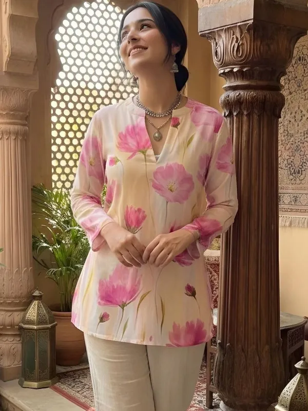 Peach_Cotton_Floral_Printed_Kurti