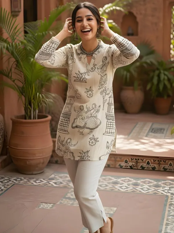 Cream_Cotton_Graphic_Printed_Kurti