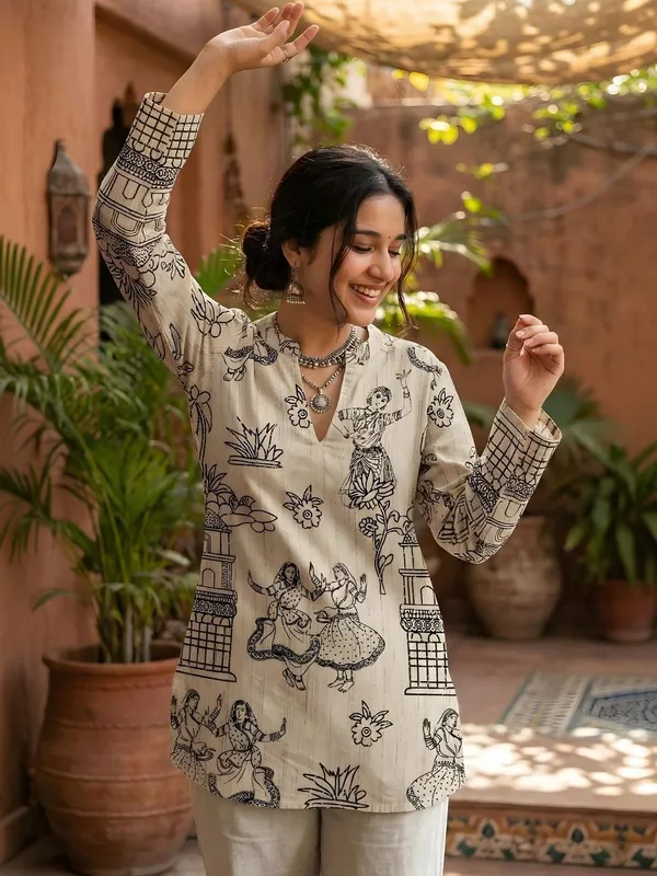 Cream_Cotton_Graphic_Printed_Kurti