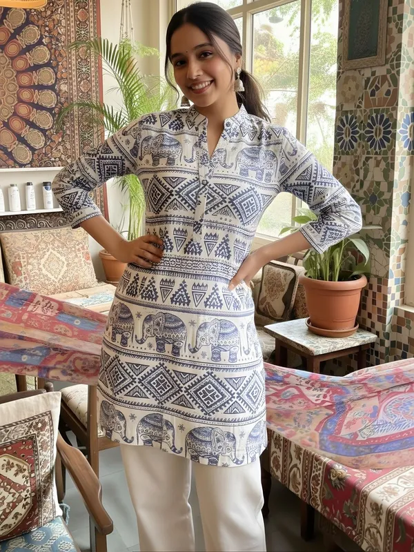 White_And_Blue_Cotton_Tribal_Printed_Kurti