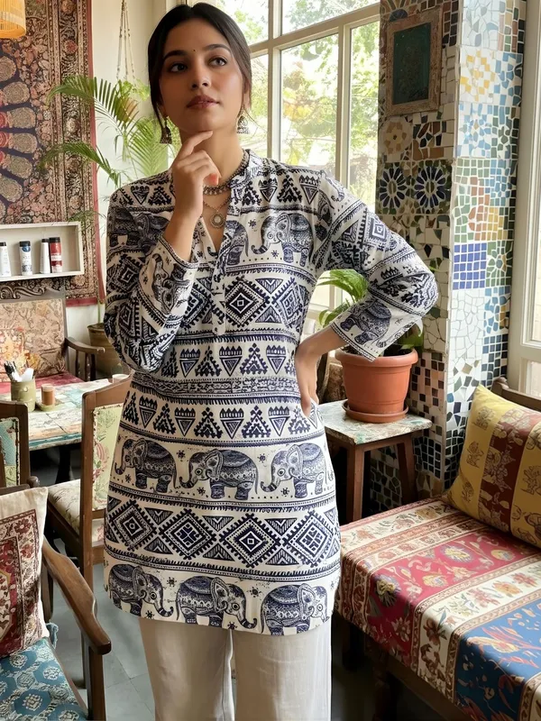 White_And_Blue_Cotton_Tribal_Printed_Kurti
