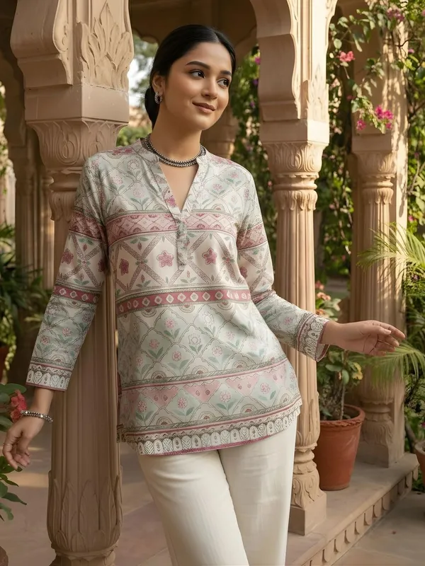 Cream_And_Pink_Cotton_Tribal_Printed_Kurti