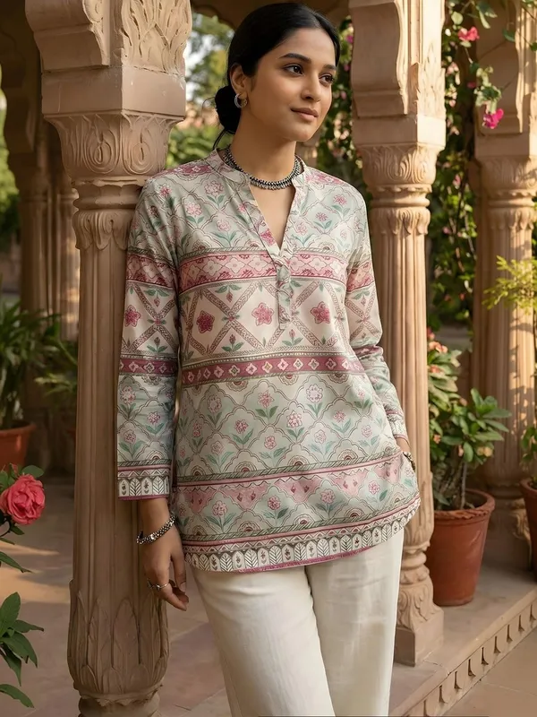 Cream_And_Pink_Cotton_Tribal_Printed_Kurti