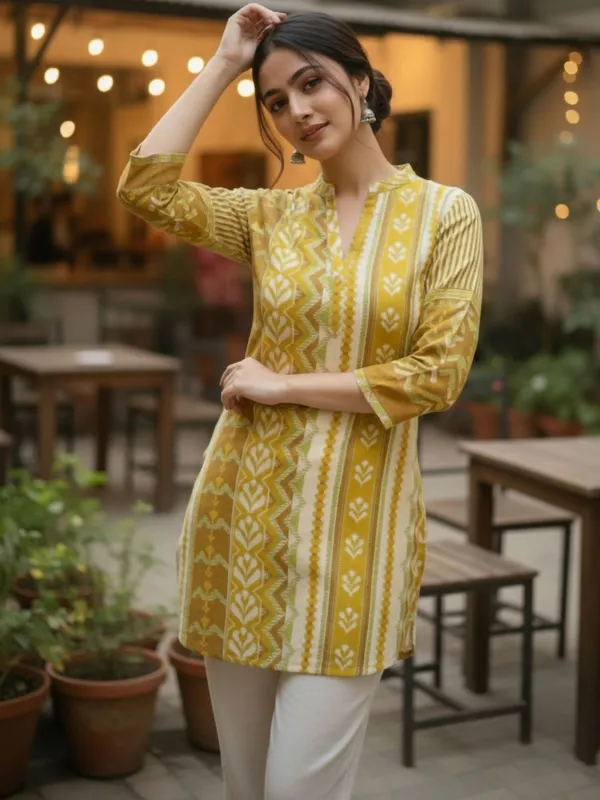 Mustard_Cotton_Abstarct_Printed_Kurti