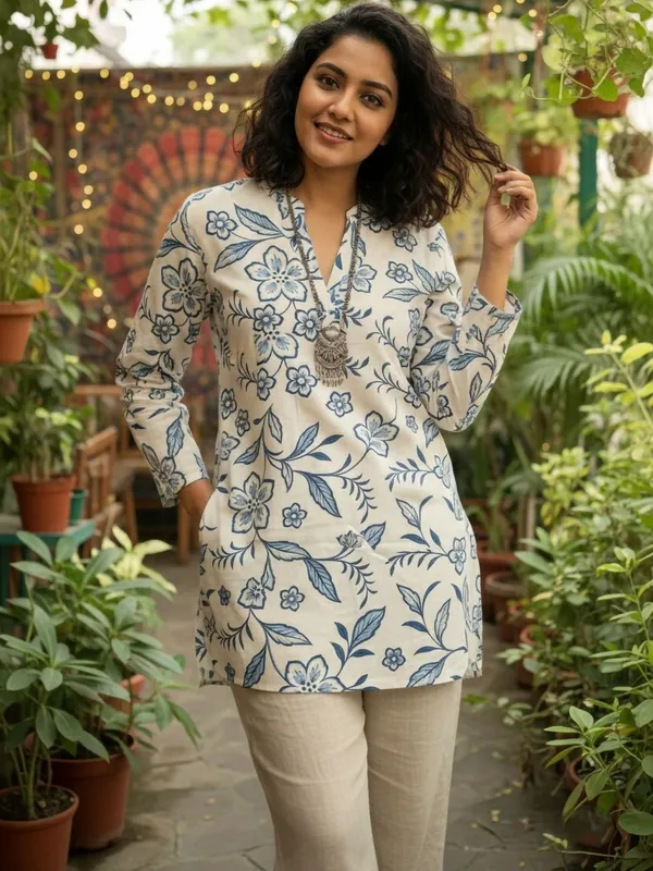 White_Blue_Cotton_Abstract_Printed_Kurti