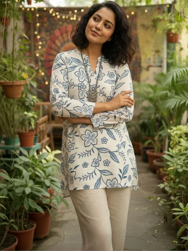 White_Blue_Cotton_Abstract_Printed_Kurti
