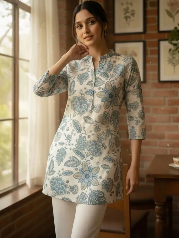 Cream_Blue_Abstract_Printed_Kurti