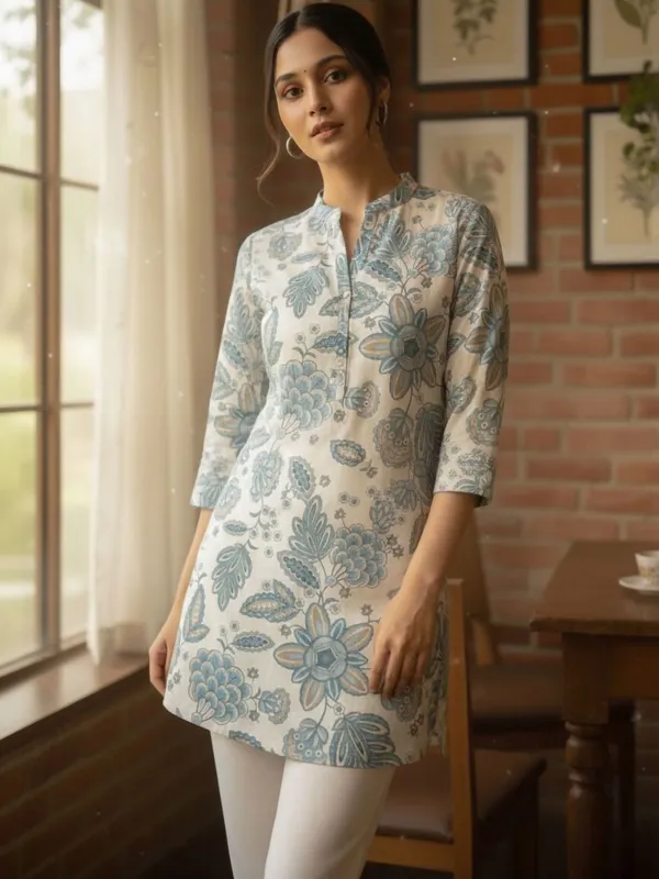 Cream_Blue_Abstract_Printed_Kurti