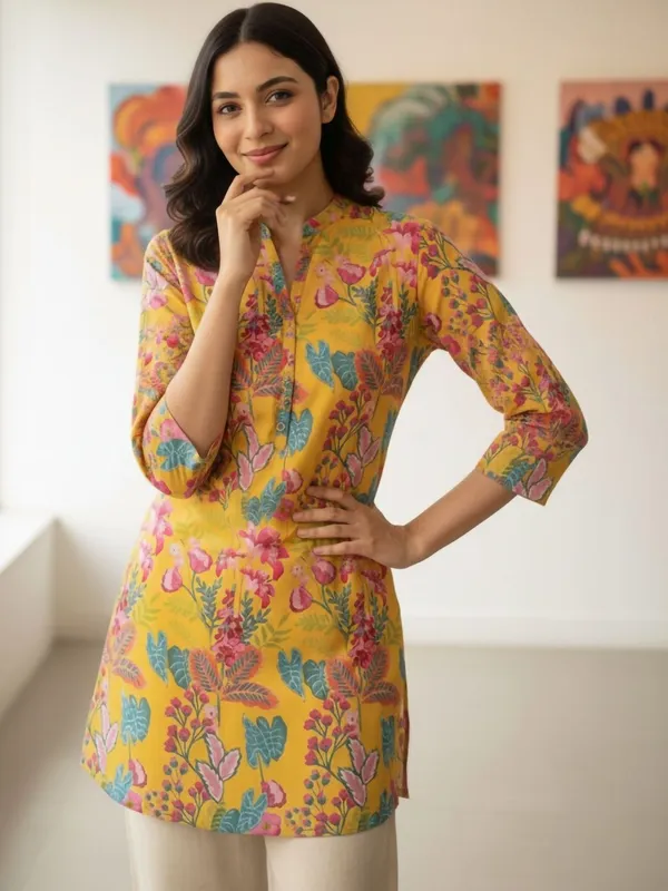 Mustard_Cotton_Abstract_Printed_Kurti