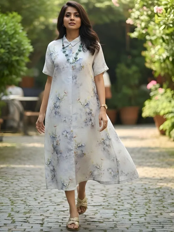 Pale_Blue_&_White_Cotton_Blend_Floral_Printed_Dresses