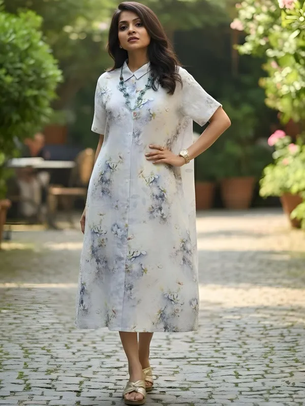 Pale_Blue_&_White_Cotton_Blend_Floral_Printed_Dresses