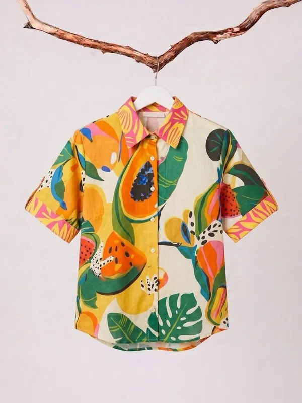 Orange_&_Green_Cotton_Blend_Abstract_Tropical_Fruits_Printed_Shirt